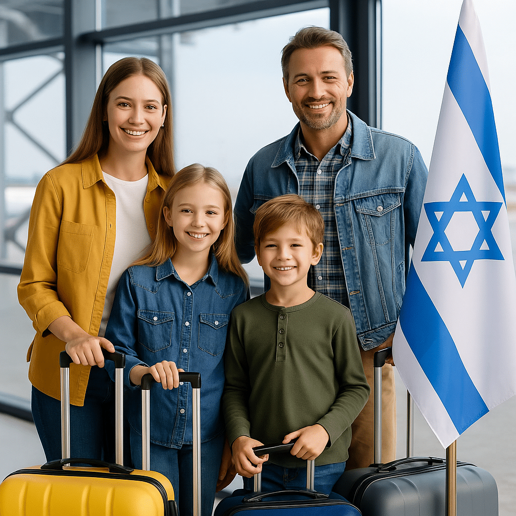 Famille olim souriante à l’aéroport avec valises et drapeau israélien