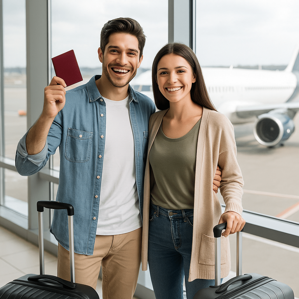 Couple francophone souriant à l’aéroport avant un vol international