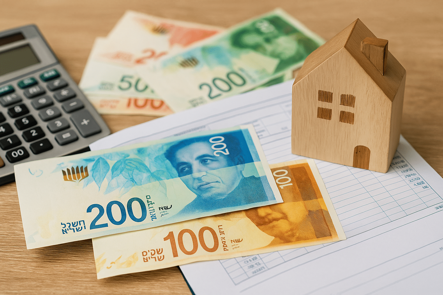 Paysage israélien avec documents fiscaux et calculatrice symbolisant le système fiscal des Olim