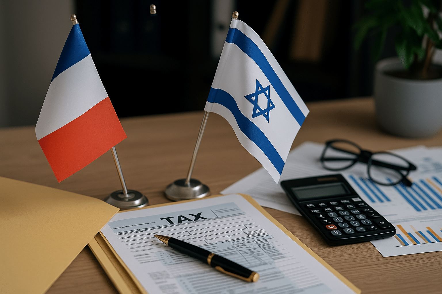 Drapeaux français et israélien posés sur un bureau avec documents fiscaux