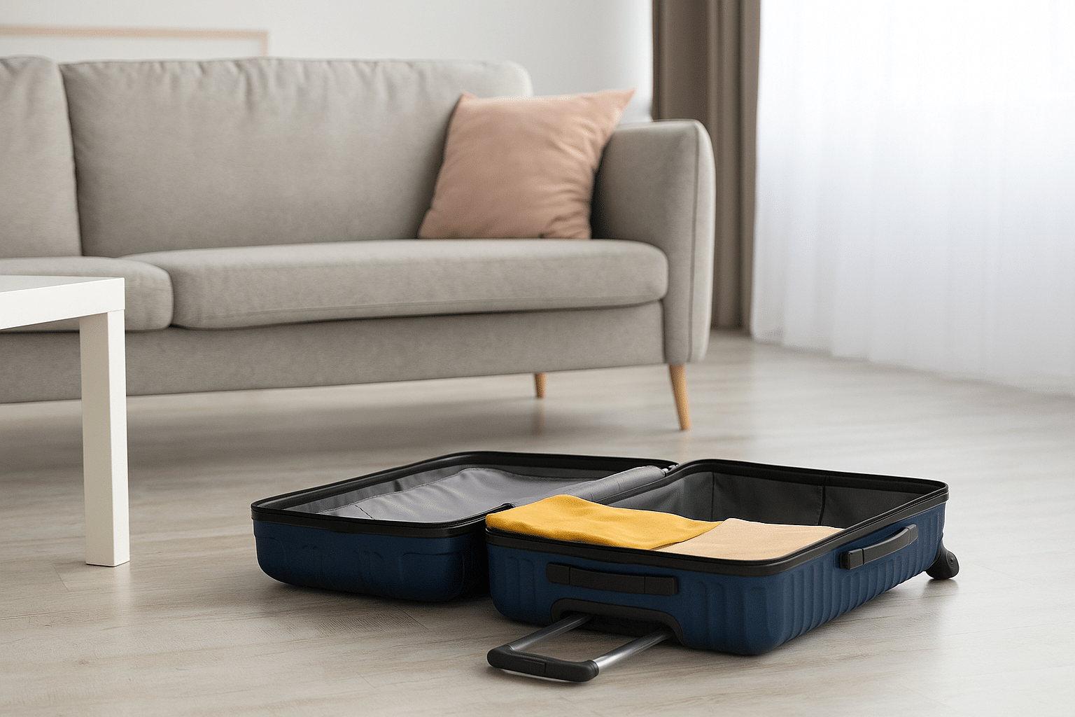 Valise ouverte dans un salon moderne en Israël, symbolisant l’installation d’un nouvel arrivant