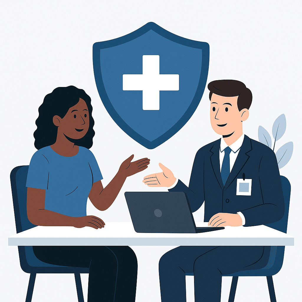Illustration d’une scène de conseil entre un agent et un client en Israël, autour de l’assurance santé