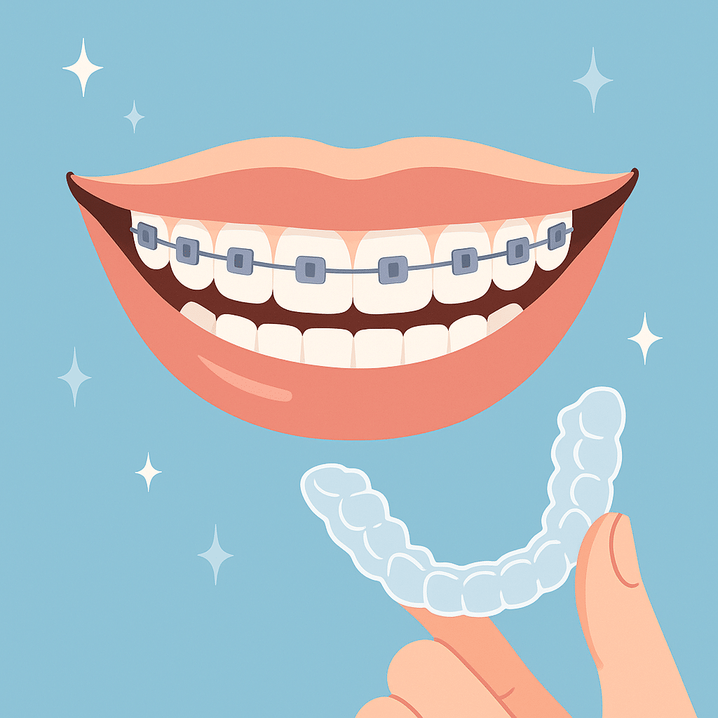 Illustration d’un sourire avec appareil dentaire et aligneur invisible – thème orthodontie en Israël