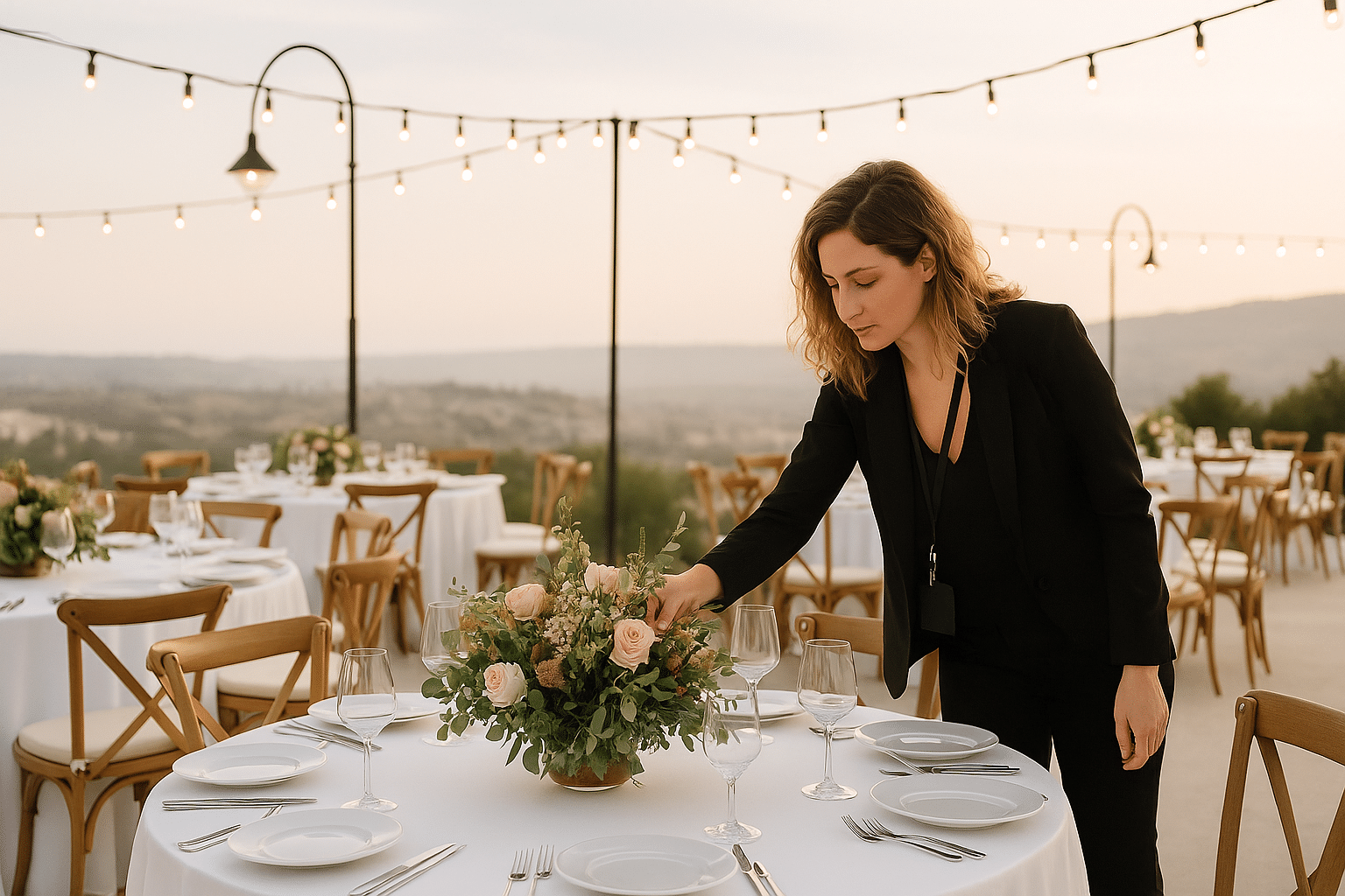 Scène d’organisation d’événement en Israël avec décor raffiné, ambiance festive et logistique professionnelle