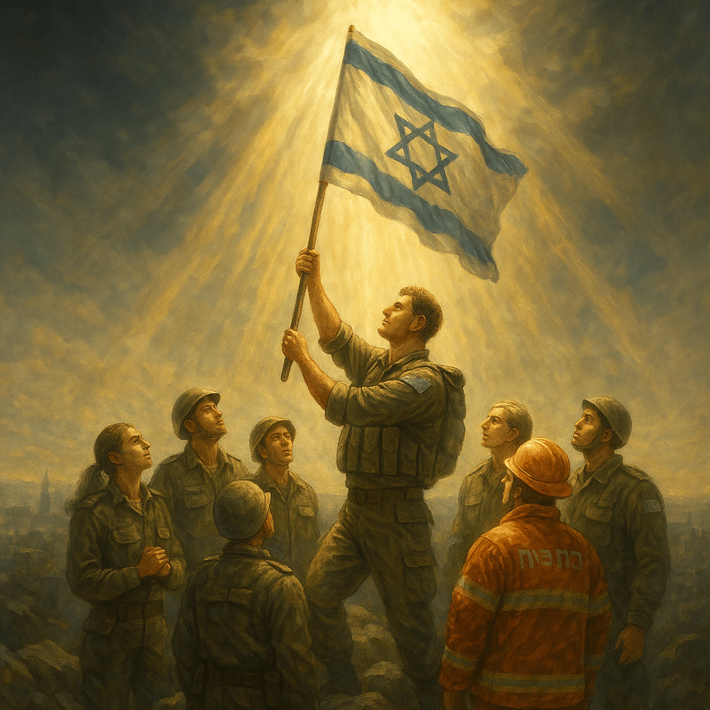 Soldats israéliens et secouristes unis sous la lumière divine – illustration de l’unité d’Israël face aux attaques iraniennes.