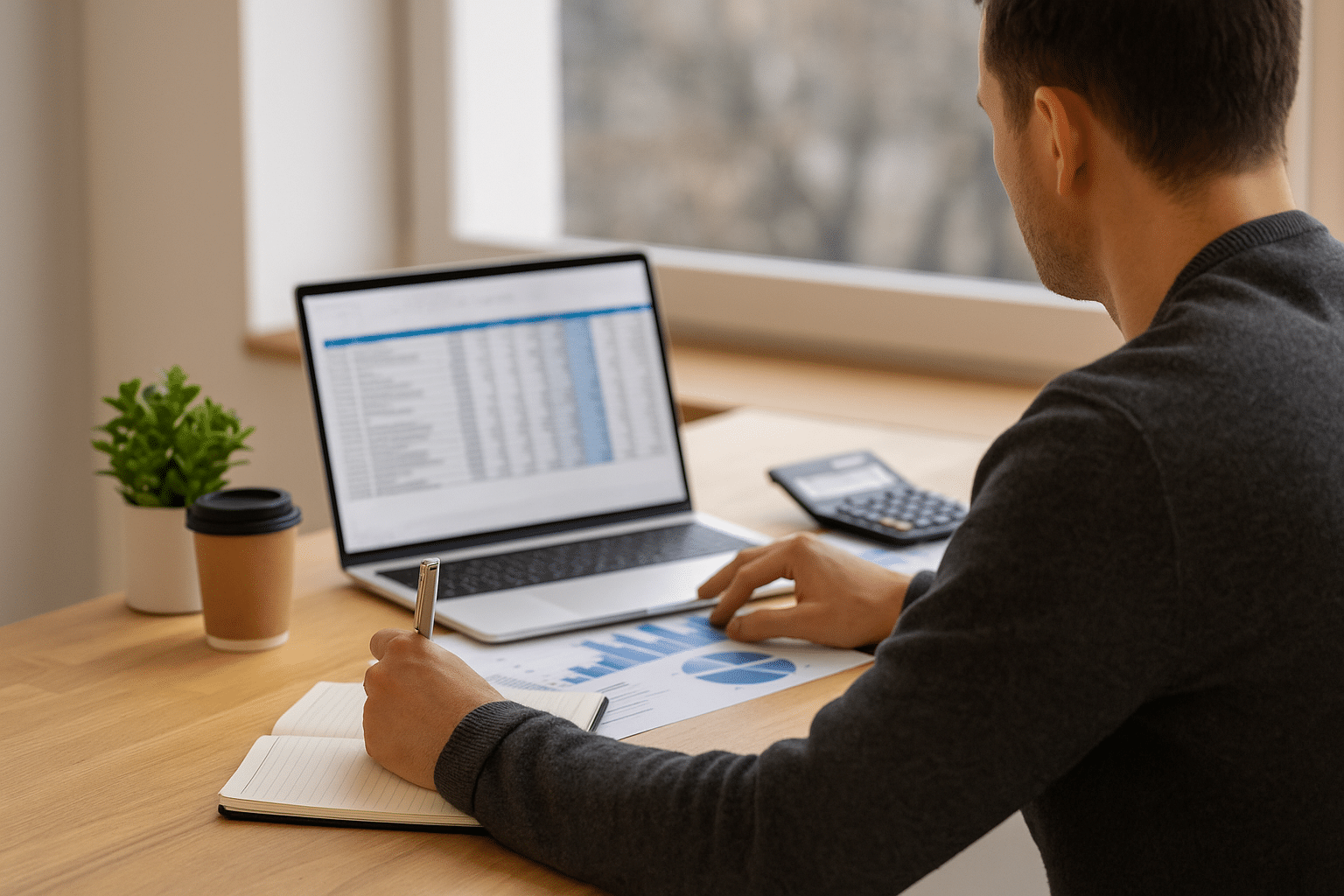 Un freelance en Israël gère sa comptabilité à son bureau avec un ordinateur, une calculatrice et des documents fiscaux