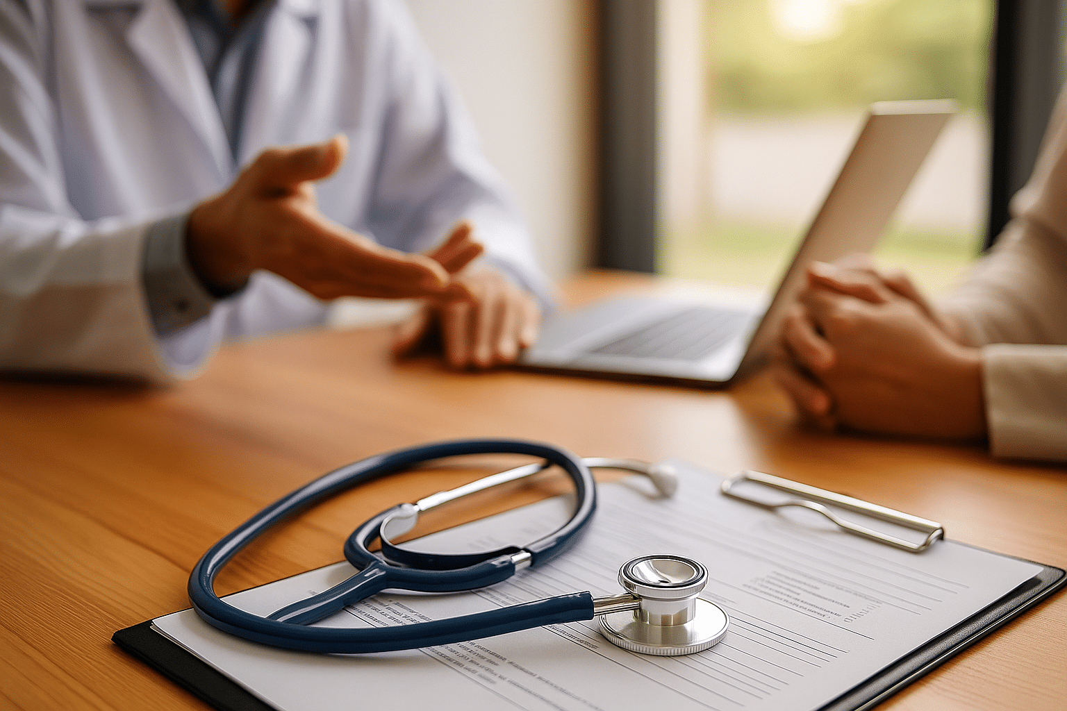 Scène de consultation médicale en Israël avec un stéthoscope posé sur un bureau, symbolisant l’assurance santé privée