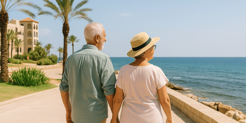 Retraités en Israël marchant au bord de la mer – retraite paisible et soleil en Terre Sainte