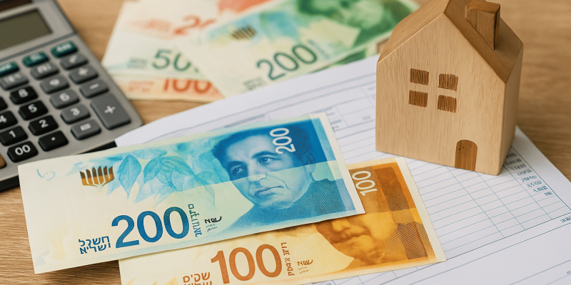 Paysage israélien avec documents fiscaux et calculatrice symbolisant le système fiscal des Olim